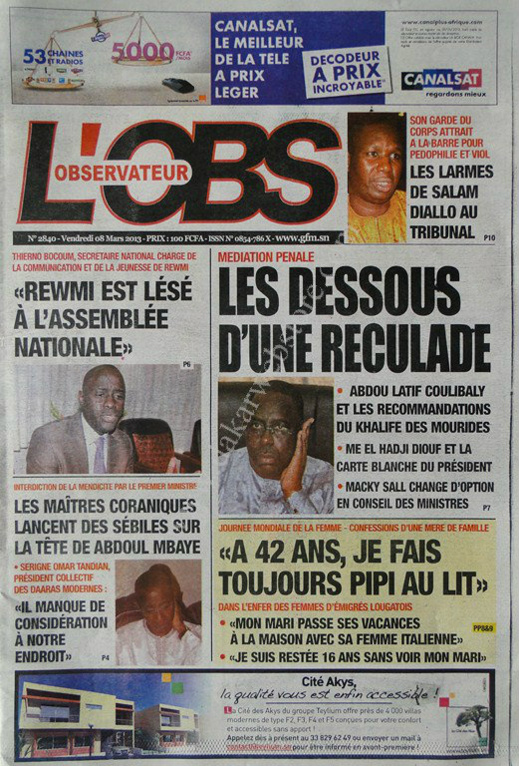 A la Une du Journal L'Observateur du vendredi 08 Mars 2013