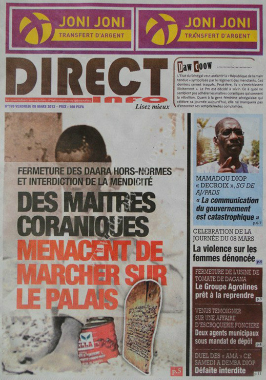 A la Une du Journal Direct Info du vendredi 08 Mars 2013