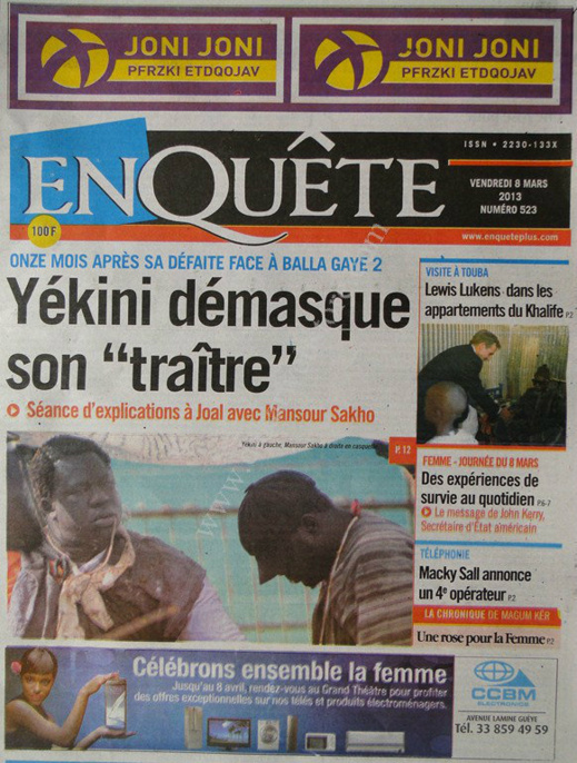 A la Une du Journal EnQuête du vendredi 08 Mars 2013