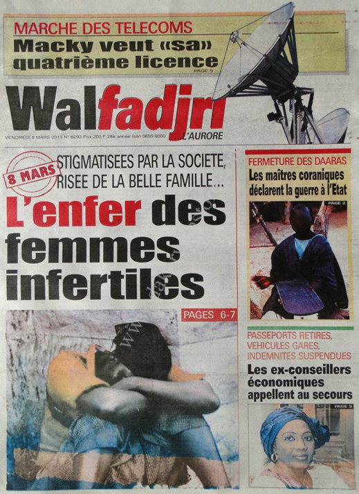 A la Une du Journal Walfadjri du vendredi 08 Mars 2013