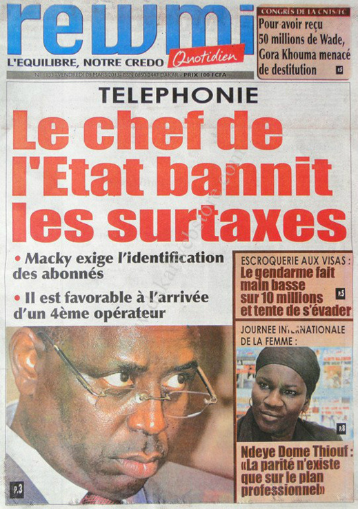 A la Une du Journal Rewmi du vendredi 08 Mars 2013