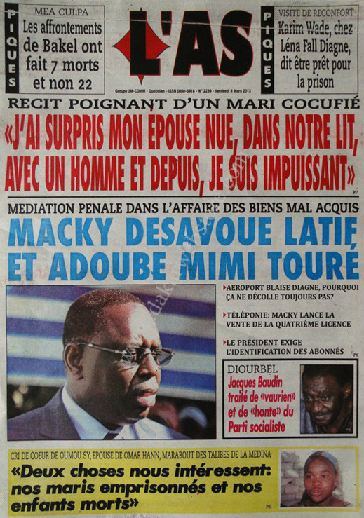 A la Une du Journal L'As du vendredi 08 Mars 2013