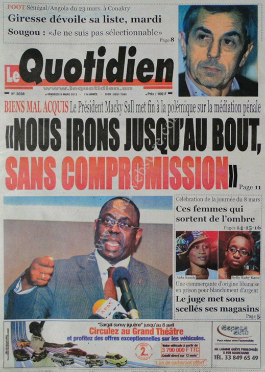 A la Une du Journal Le Quotidien du vendredi 08 Mars 2013