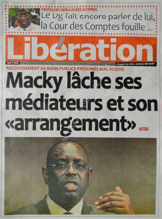 A la Une du Journal Libération du vendredi 08 Mars 2013