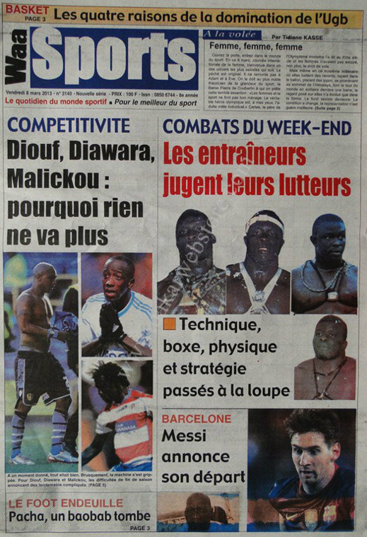 A la Une du Journal Waa Sports du vendredi 08 Mars 2013