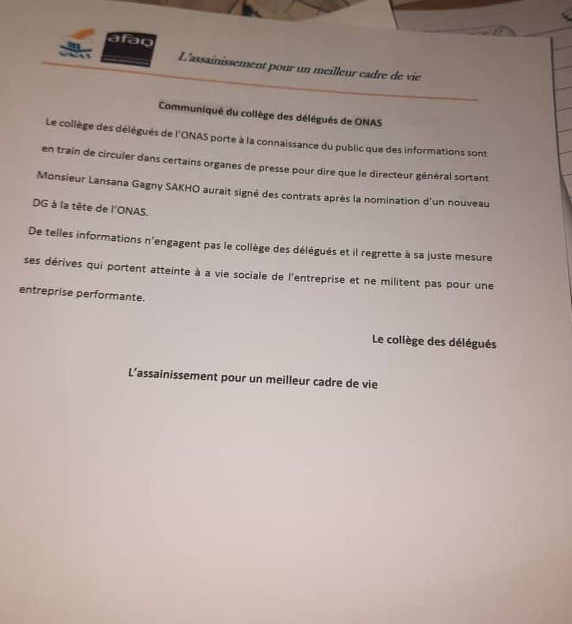 Supposés contrats indus: Des délégués de l’Onas se démarquent et blanchissent Lasana Gagny Sakho Supposés contrats indus: Des délégués de l’Onas se démarquent et blanchissent Lasana Gagny Sakho