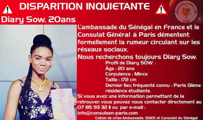 "DIARY SOW RETROUVÉE ": L'Ambassade et le Consulat du Sénégal à Paris démentent