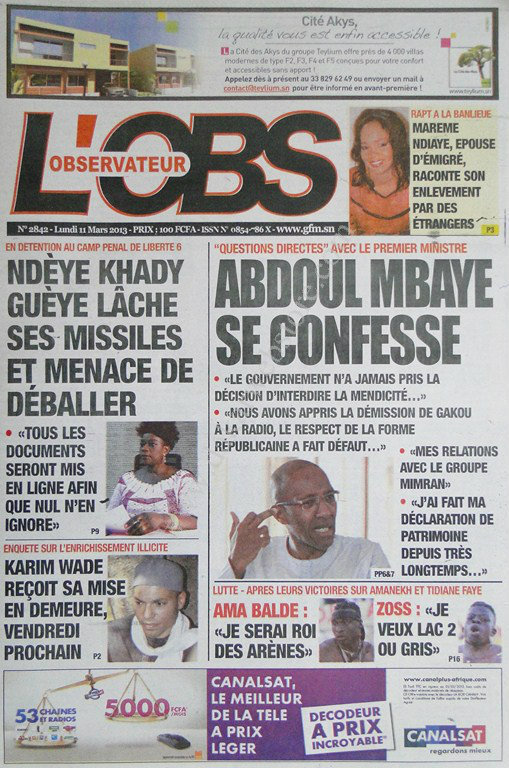 A la Une du Journal L'Observateur du lundi 11 mars 2013