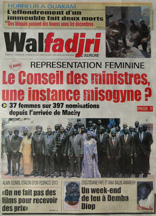 A la Une du Journal Walfadjri du lundi 11 mars 2013