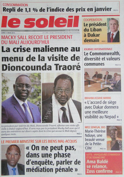 A la Une du Journal Le Soleil du lundi 11 mars 2013