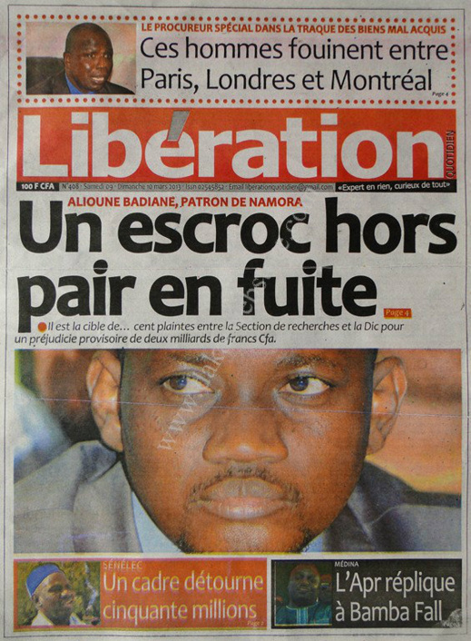 A la Une du Journal Libération du lundi 11 mars 2013