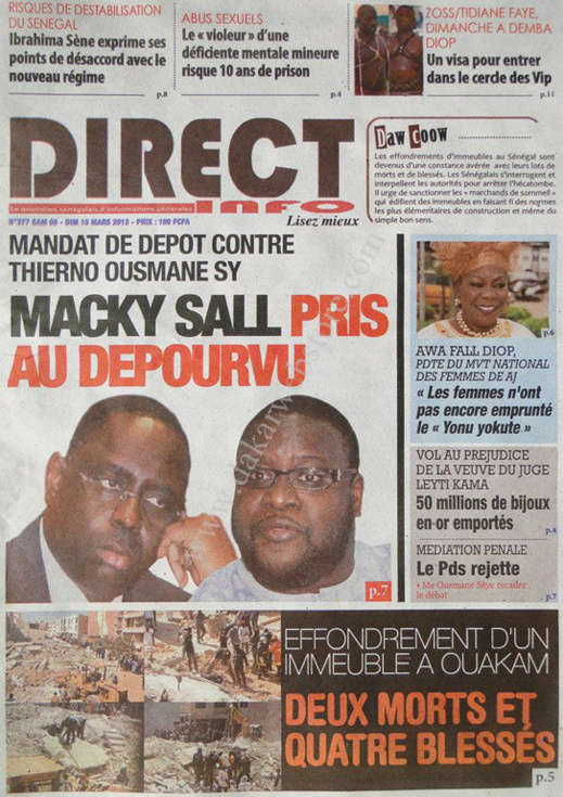 A la Une du Journal Direct Info du lundi 11 mars 2013