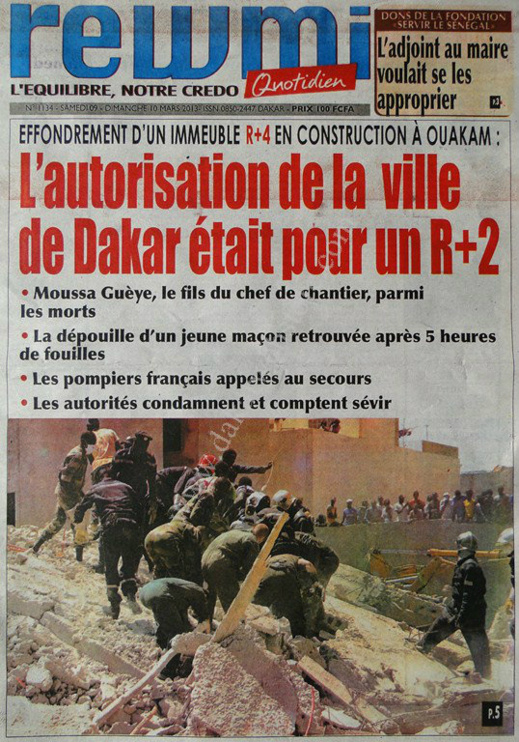 A la Une du Journal  Rewmi du lundi 11 mars 2013