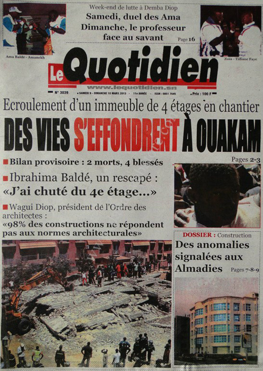 A la Une du Journal Le Quotidien du lundi 11 mars 2013