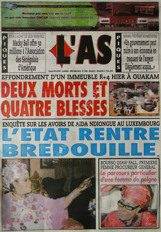 A la Une du Journal L'As du lundi 11 mars 2013