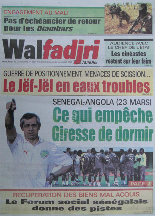 A la Une du Journal Walfadjri du mercredi 13 mars 2013