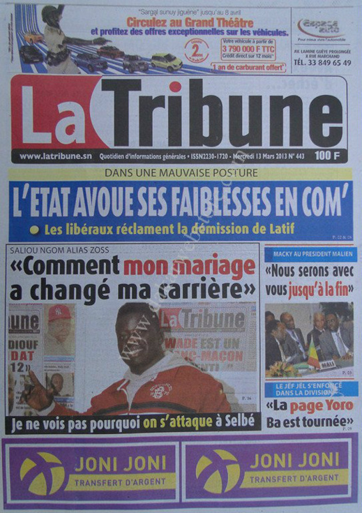 A la Une du Journal La Tribune du mercredi 13 mars 2013