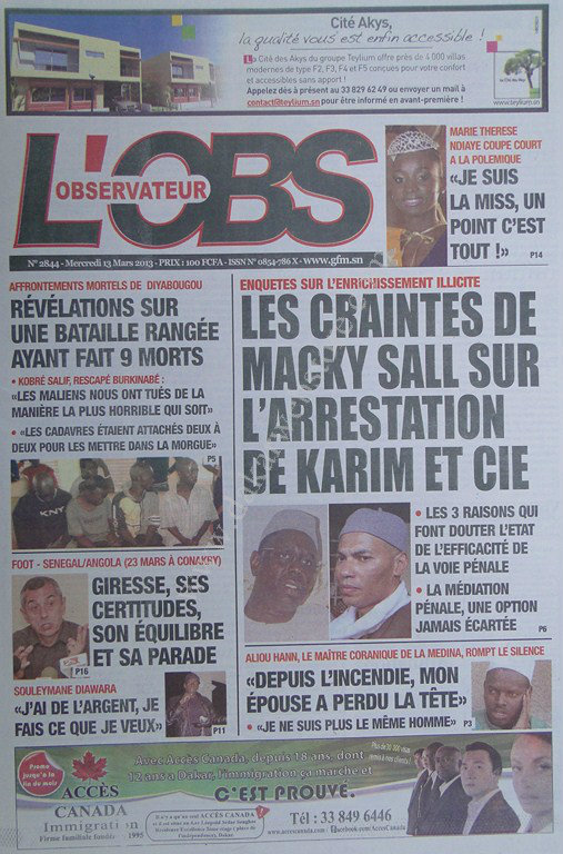 A la Une du Journal L'Observateur du mercredi 13 mars 2013