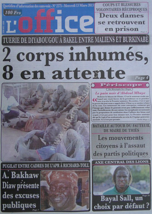 A la Une du Journal L'Office du mercredi 13 mars 2013