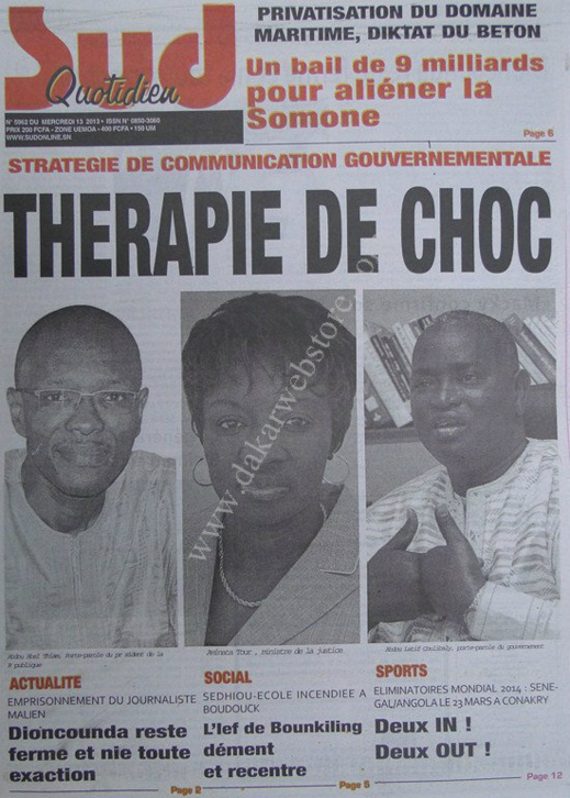 A la Une du Journal Sud Quotidien du mercredi 13 mars 2013