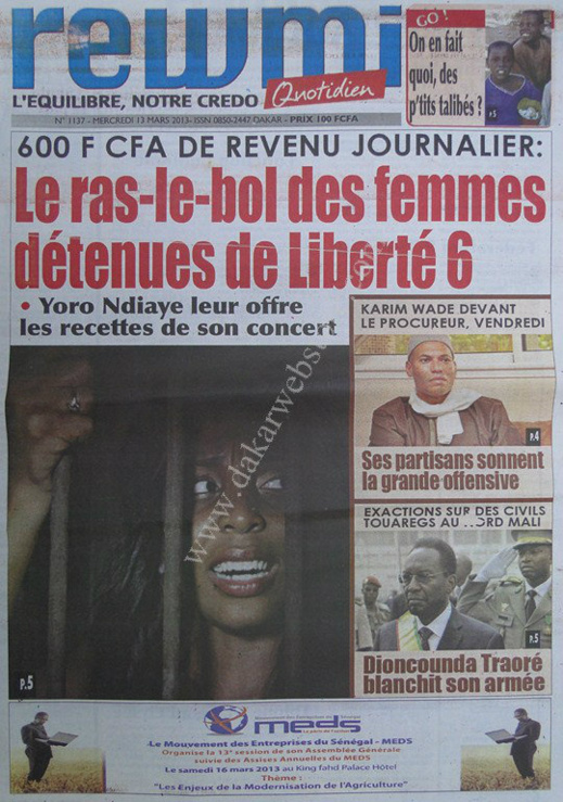 A la Une du Journal Rewmi du mercredi 13 mars 2013