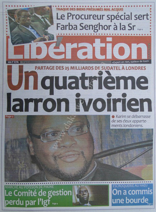 A la Une du Journal Libération du mercredi 13 mars 2013