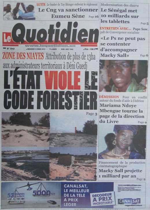 A la Une du Journal Le Quotidien du mercredi 13 mars 2013