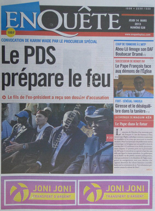 A la Une du Journal EnQuête du jeudi 14 mars 2013