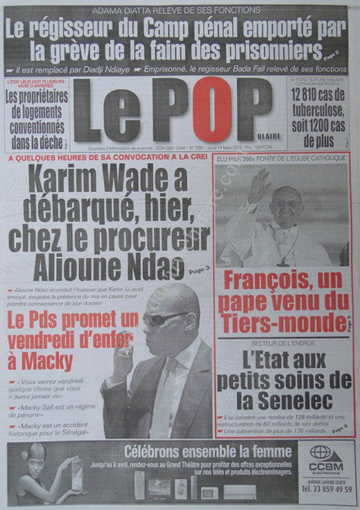 A la Une du Journal Le Populaire du jeudi 14 mars 2013