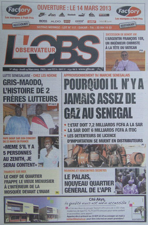 A la Une du Journal L'Observateur du jeudi 14 mars 2013