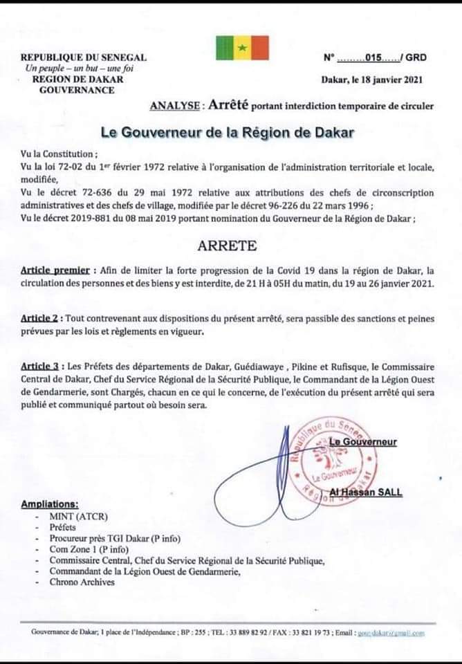 Couvre-feu, interdiction de manifestation… : voici les arrêtés des gouverneurs de Dakar et Thiès Couvre-feu, interdiction de manifestation… : voici les arrêtés des gouverneurs de Dakar et Thiès