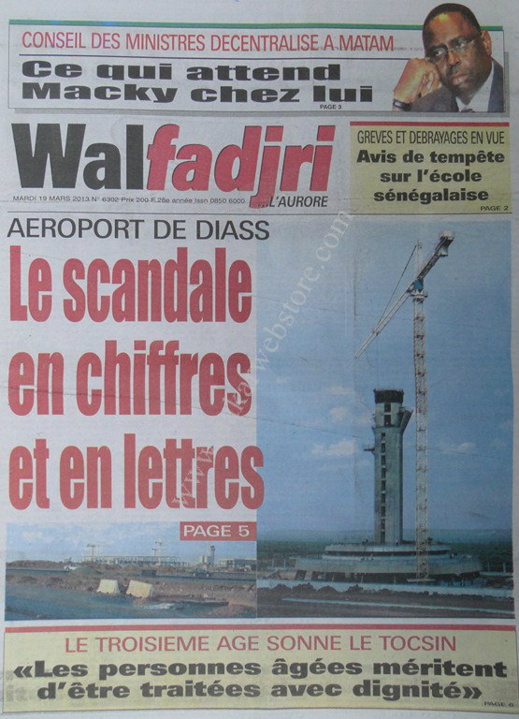 A la Une du Journal Walfadjri du mardi 19 mars 2013