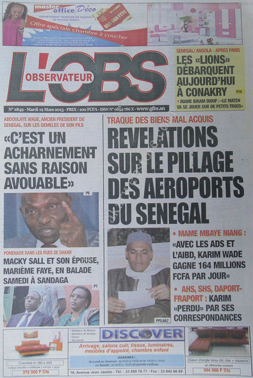 A la Une du Journal Tout L'Observateur du mardi 19 mars 2013