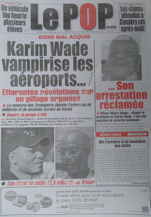 A la Une du Journal Tout Le Populaire du mardi 19 mars 2013