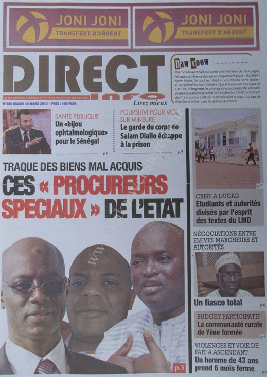 A la Une du Journal Direct Info du mardi 19 mars 2013