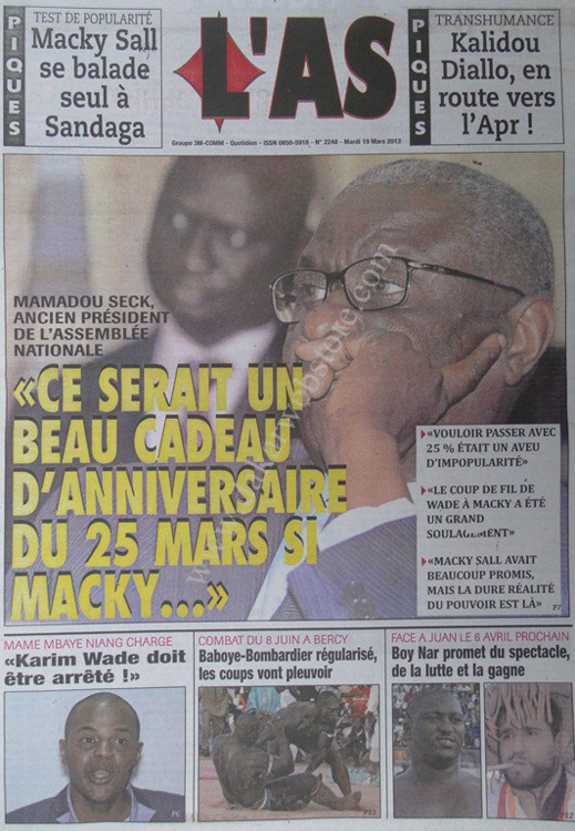 A la Une du Journal L'As du mardi 19 mars 2013