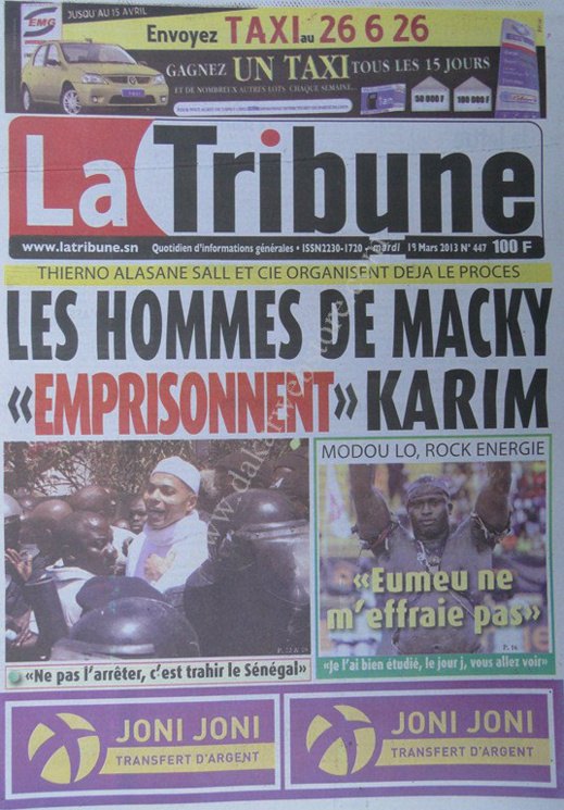 A la Une du Journal La Tribune du mardi 19 mars 2013