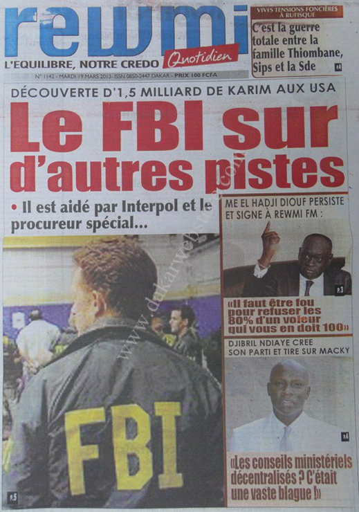 A la Une du Journal Rewmi du mardi 19 mars 2013