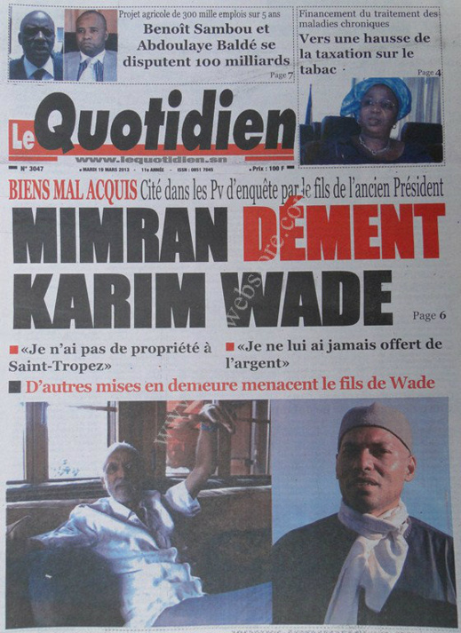 A la Une du Journal Le Quotidien du mardi 19 mars 2013