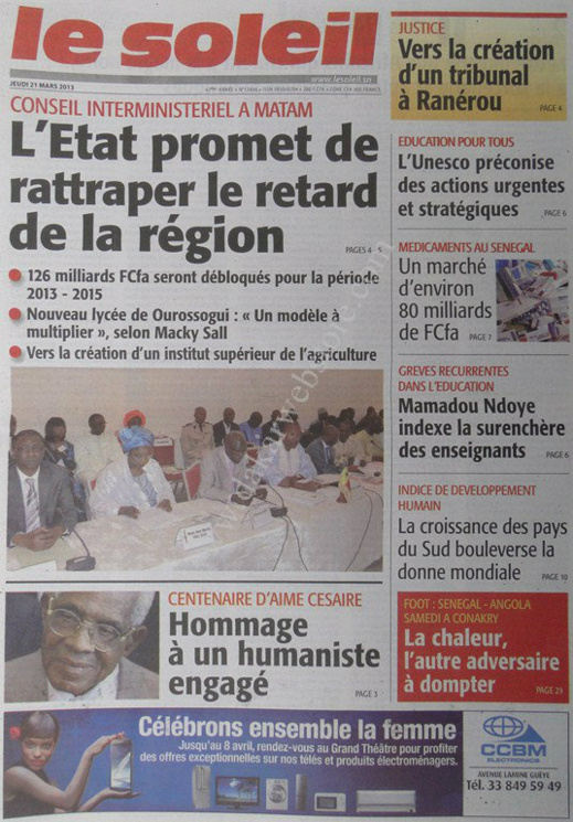 A la Une du Journal Le Soleil du jeudi 21 mars 2013
