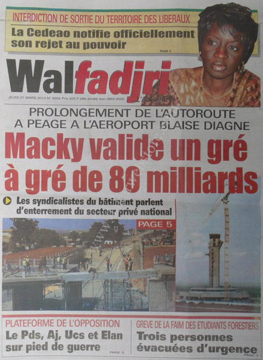 A la Une du Journal Walfadjri du jeudi 21 mars 2013
