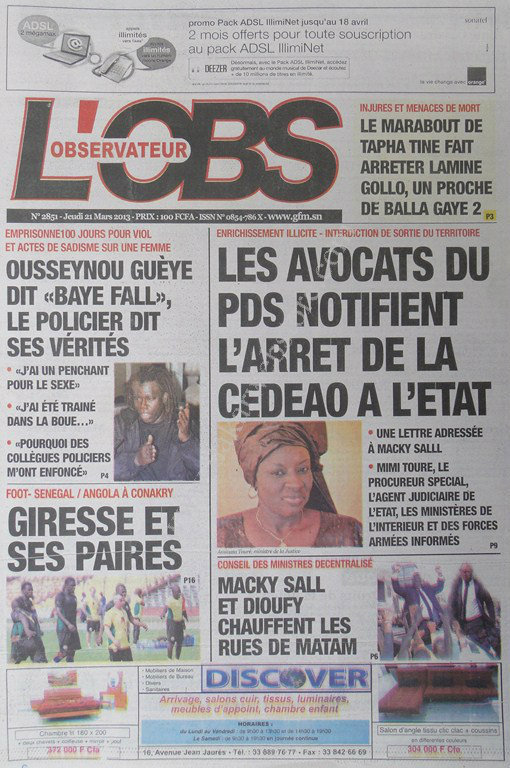 A la Une du Journal L'Observateur du jeudi 21 mars 2013