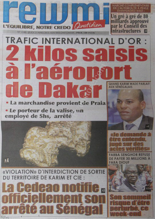 A la Une du Journal Rewmi du jeudi 21 mars 2013