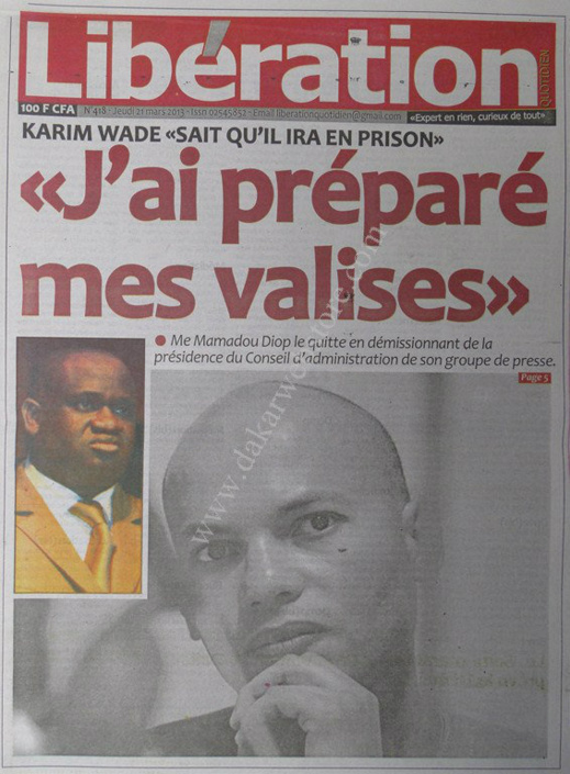 A la Une du Journal Libération du jeudi 21 mars 2013