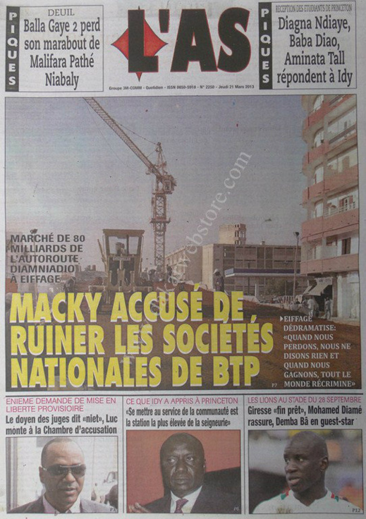 A la Une du Journal L'As du jeudi 21 mars 2013