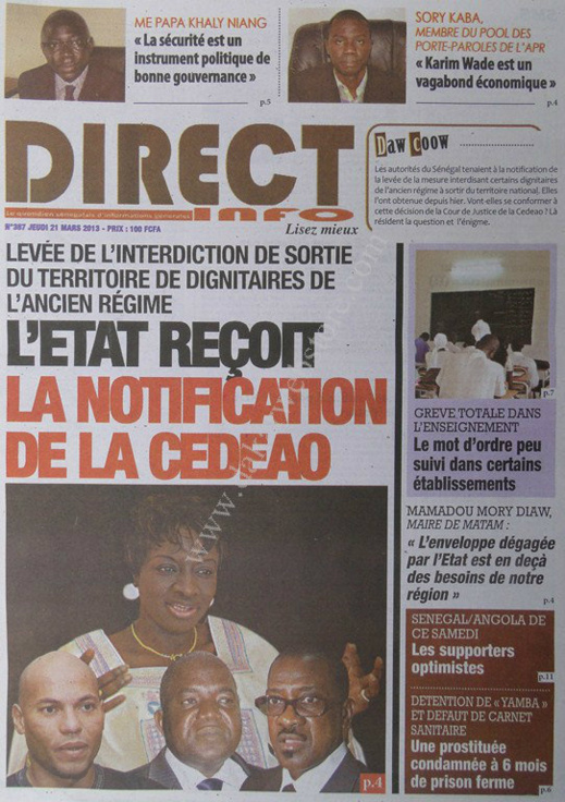 A la Une du Journal Direct info du jeudi 21 mars 2013