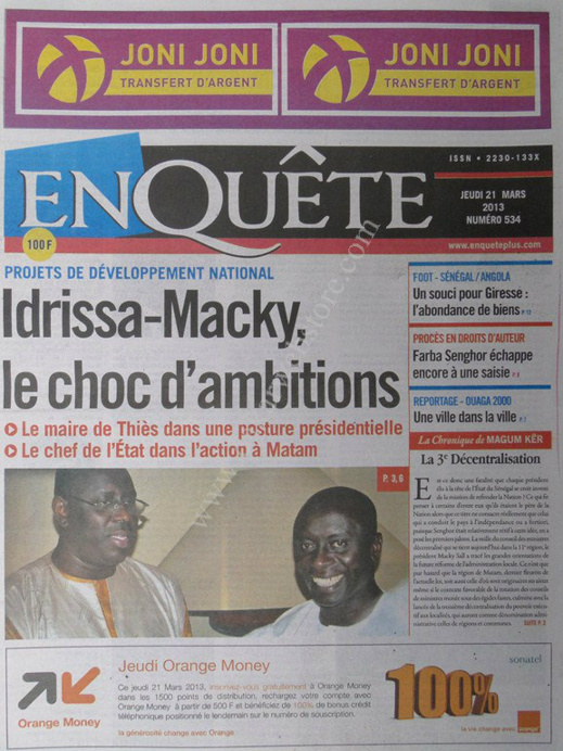 A la Une du Journal EnQuête du jeudi 21 mars 2013