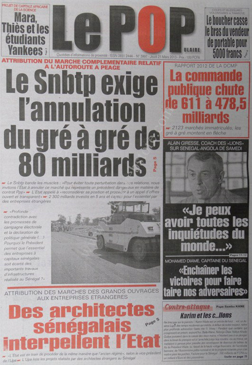 A la Une du Journal Le Populaire du jeudi 21 mars 2013