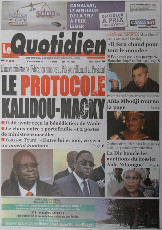 A la Une du Journal Le Quotidien du jeudi 21 mars 2013