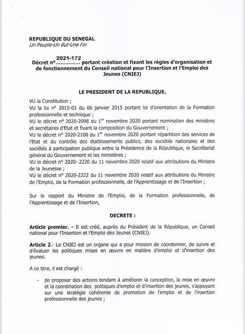Conseil National pour l'Insertion et l'Emploi des Jeunes ( CNIEJ) : le décret portant sa création et ses règles